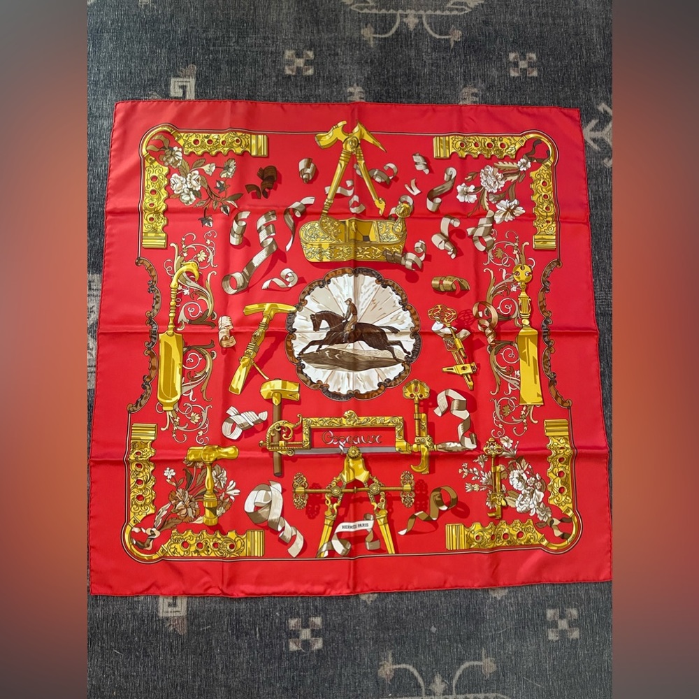 Rare! Vintage 1998 NIB Hermes Red “Copeaux” Silk Scarf Carre 90 by Caty Latham